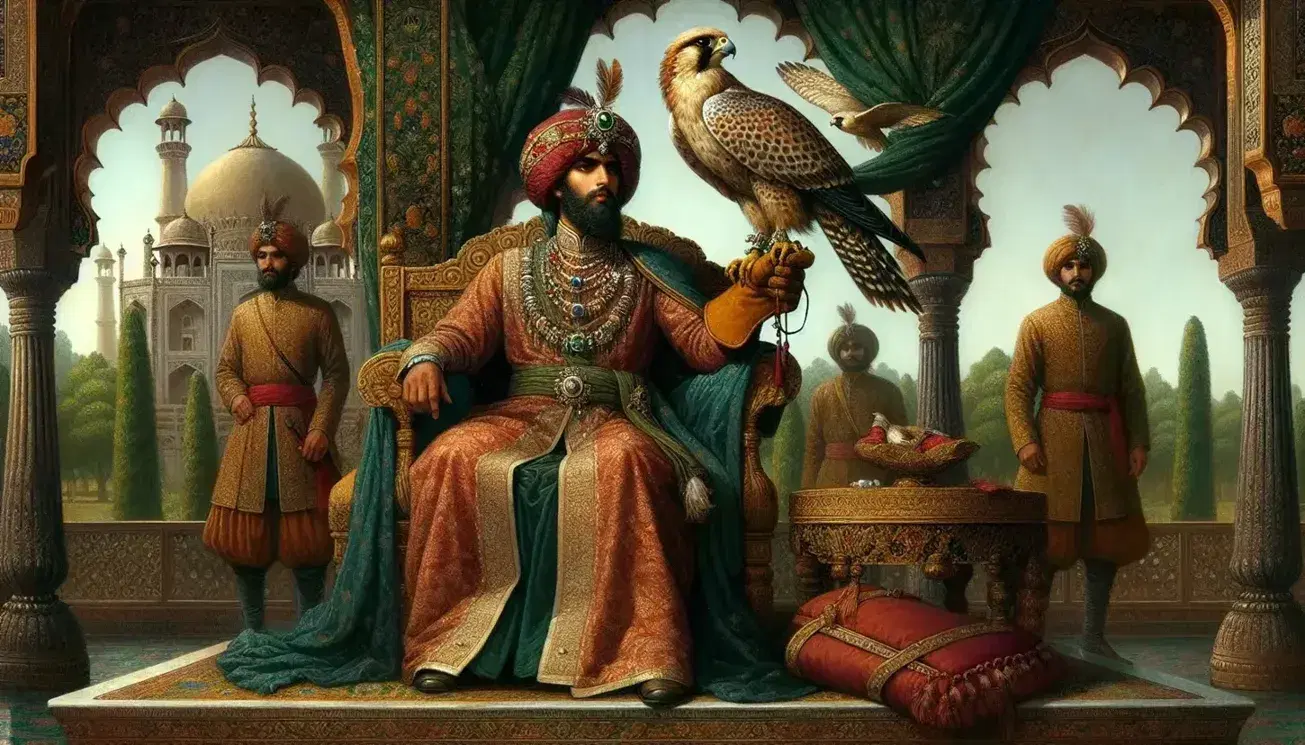 Mughal emperor in traditional attire seated on a golden throne with a falcon on his wrist, beside a royal falconer, set in a vibrant palace garden.