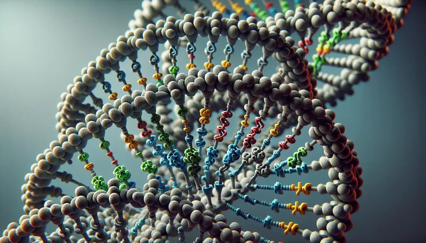 Close-up view of a 3D DNA double helix model with sugar-phosphate backbone and colored bases, alongside a soft purple X-shaped chromosome.