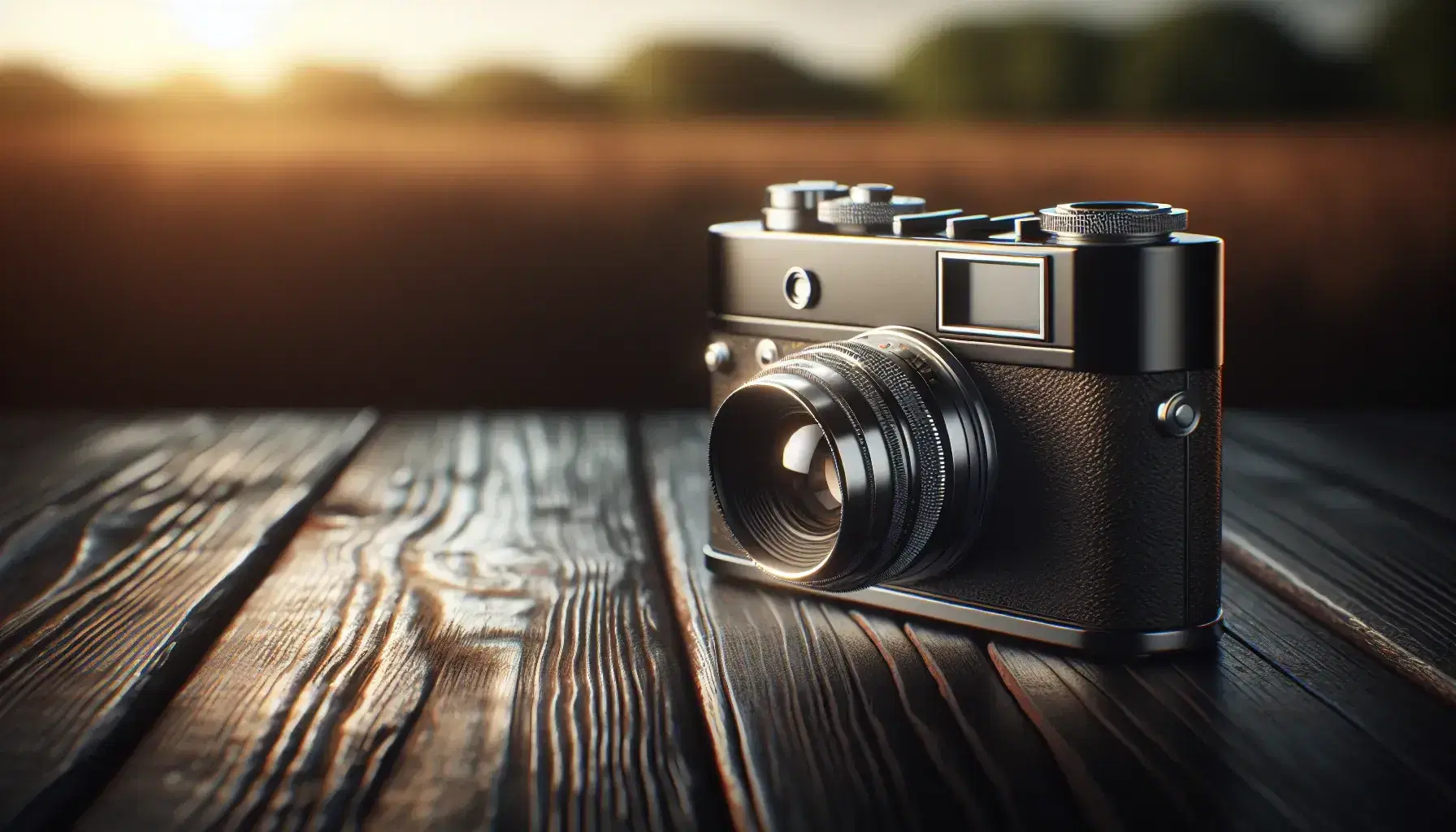 Macchina fotografica analogica vintage nera con dettagli metallici su superficie in legno scuro, sfondo sfocato naturale.