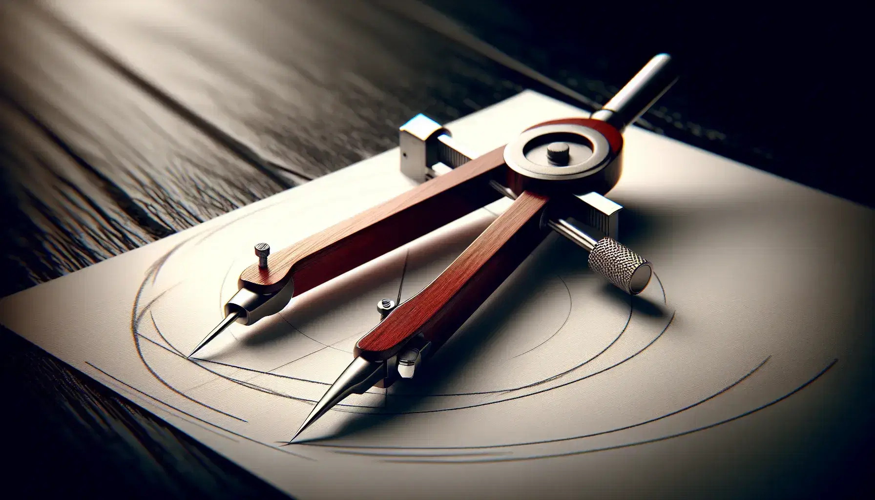 Close-up of a wooden compass with metal hinge drawing an arc on white paper, set on a dark table with a refractive glass of water in the background.