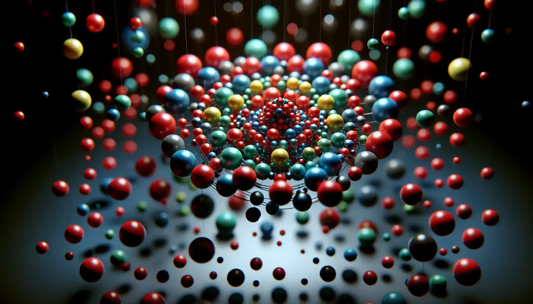 Modello atomico tridimensionale stilizzato con sfere colorate di varie dimensioni che rappresentano nucleo e elettroni, su sfondo nero.
