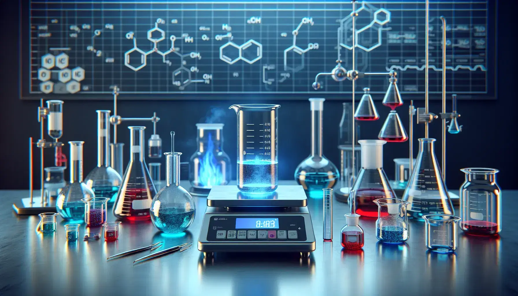 Laboratorio scientifico moderno con tavolo da lavoro, provette colorate, becher su fiamma Bunsen, bilancia analitica digitale e pipette graduate.