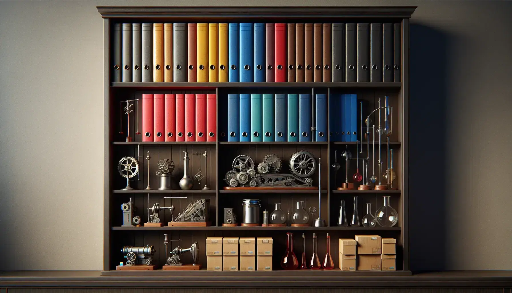 Estantería de madera oscura con carpetas de colores, maquetas de maquinaria, cajas de cartón y frascos de vidrio bajo una luz suave.