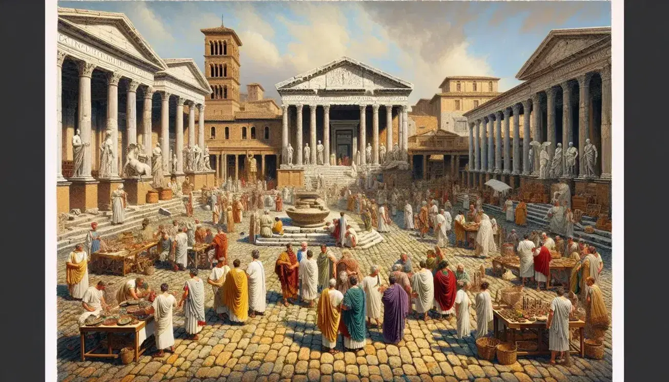 Rappresentazione artistica del Foro Romano in epoca repubblicana, con cittadini in toga, mercanti, templi e natura.
