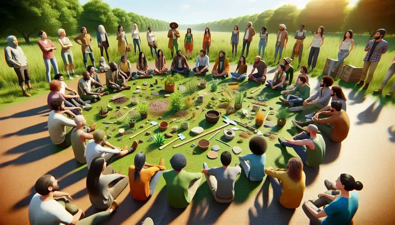 Grupo multicultural reunido en círculo en un parque con herramientas y elementos naturales en el centro, interactuando en un día soleado.