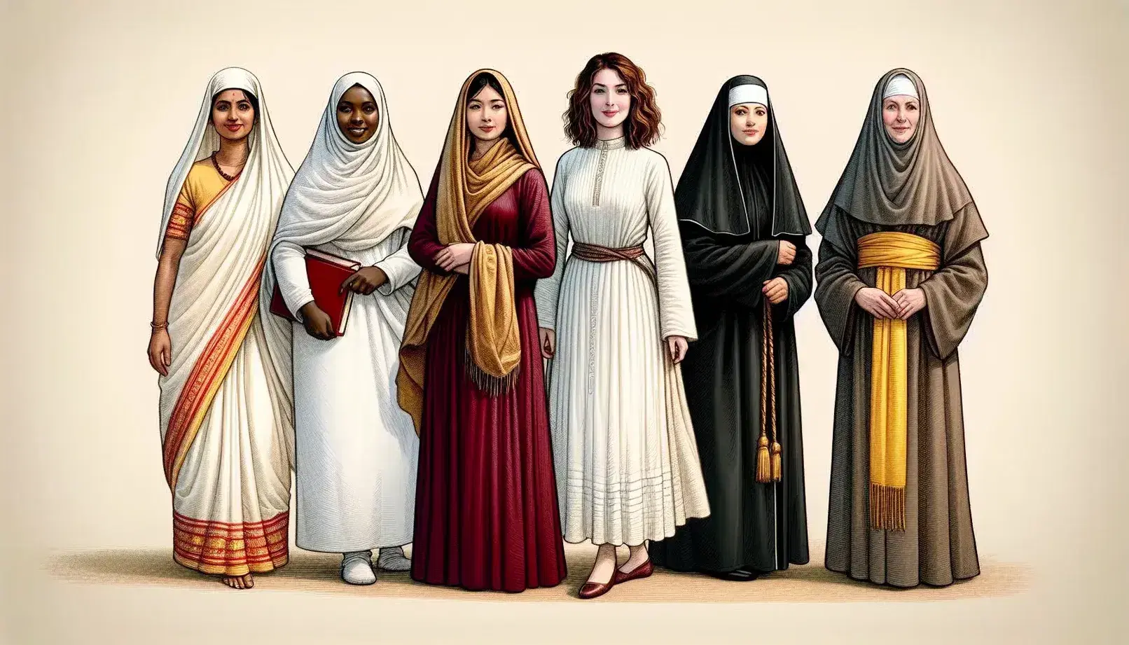 Group of women in religious clothes representing different faiths, united in a semicircle, symbol of unity and interreligious respect.