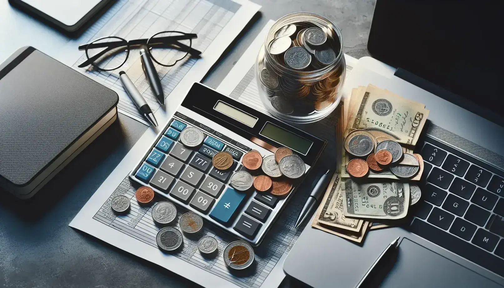 Overhead view of a financial analyst's desk with a modern calculator, stack of unmarked paper currency, coin-filled glass jar, closed laptop, and eyeglasses on a blank notebook.