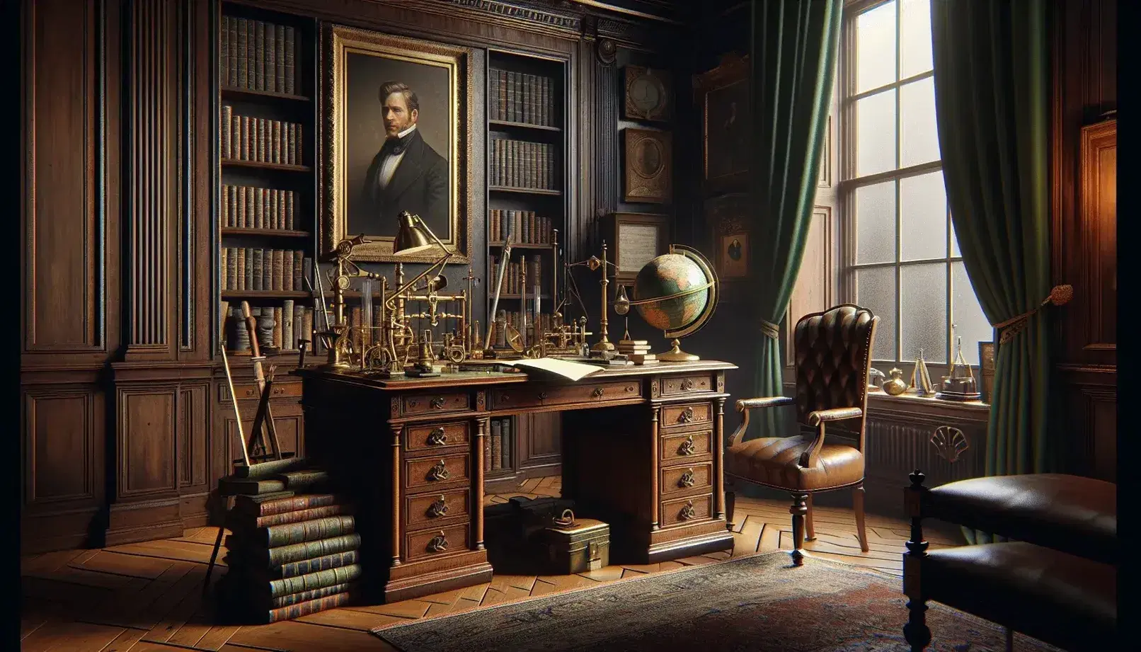 Victorian study with wooden desk, 19th century scientific instruments, bound books, leather armchair, portrait and full bookcase.
