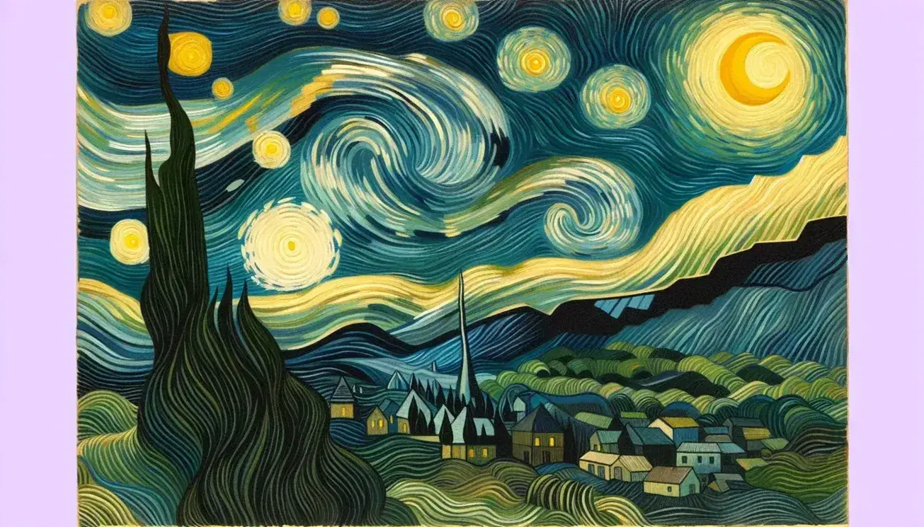 Pintura de 'La Noche Estrellada' de Van Gogh con cielo azul y remolinos, ciprés oscuro, colinas y un pueblo con campanario.