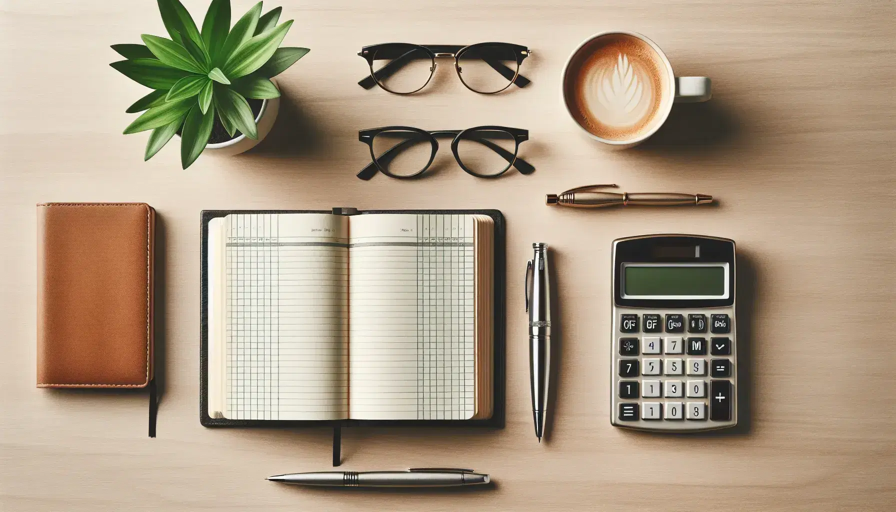 Top-down view of an organized office desk with an open ledger book, calculator, eyeglasses, fountain pen, and a potted plant on a wooden surface.