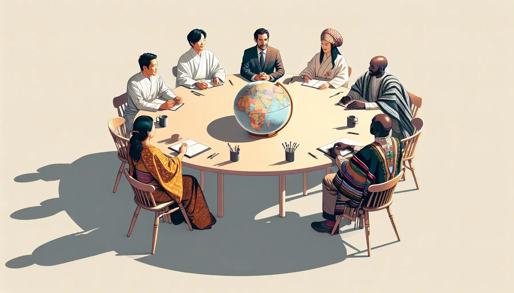 Six people of different ethnicities discuss around a table with a globe, dressed in traditional clothing, in a neutral environment.