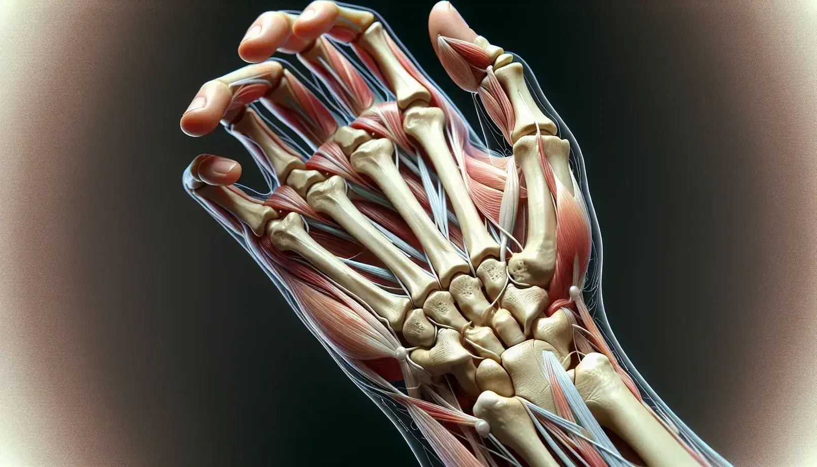 Vista anatómica detallada de la muñeca humana con piel translúcida, huesos, ligamentos en tonos grises y músculos en rojo pálido, sin fondo ni distracciones.