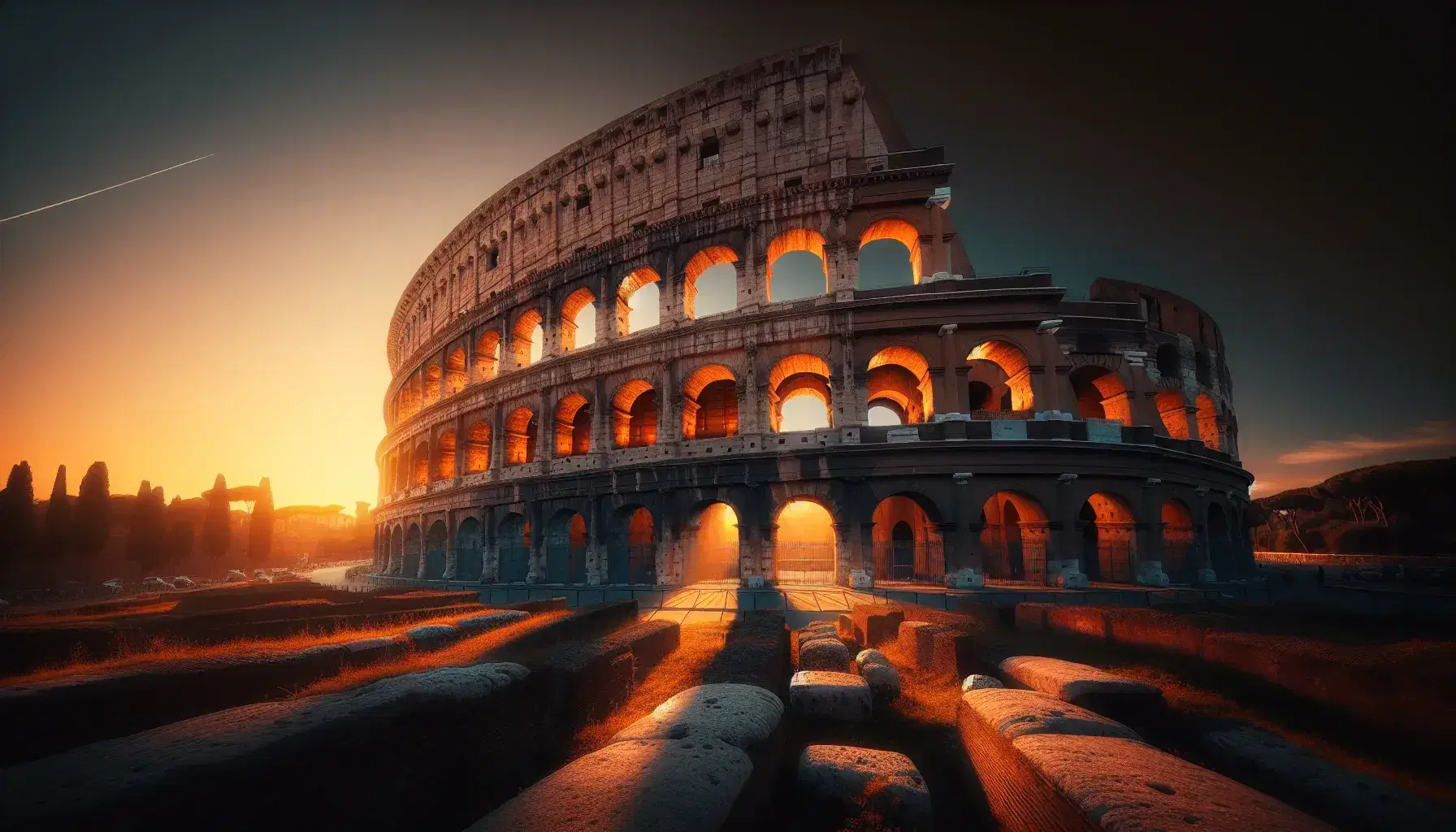 Colosseo al tramonto con luci dorate che illuminano archi e colonne, cielo sfumato blu-arancio senza nuvole, atmosfera tranquilla.