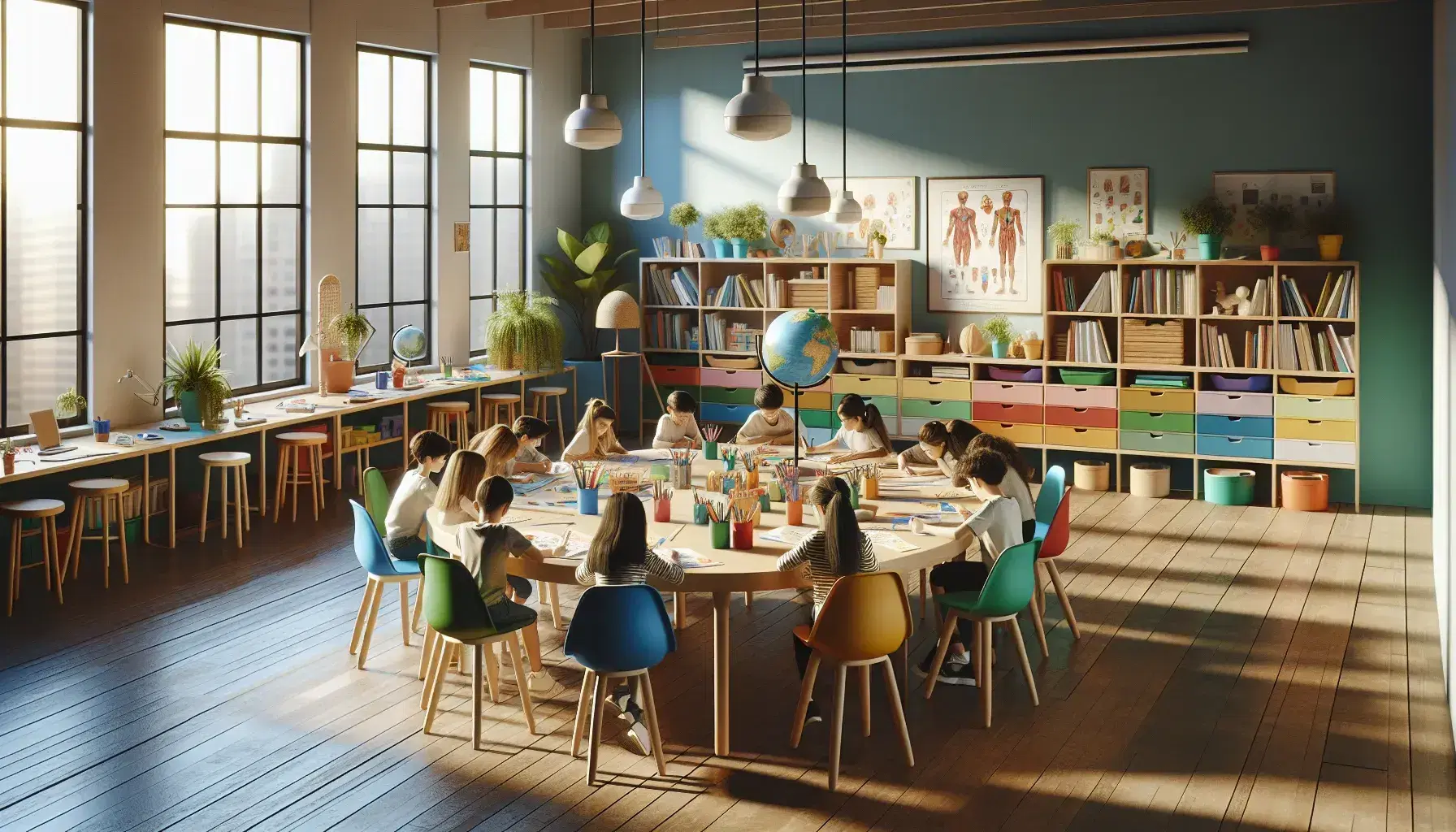 Aula luminosa con estudiantes colaborando alrededor de una mesa redonda con materiales de manualidades, estantería con libros y planta verde, sin tecnología visible.