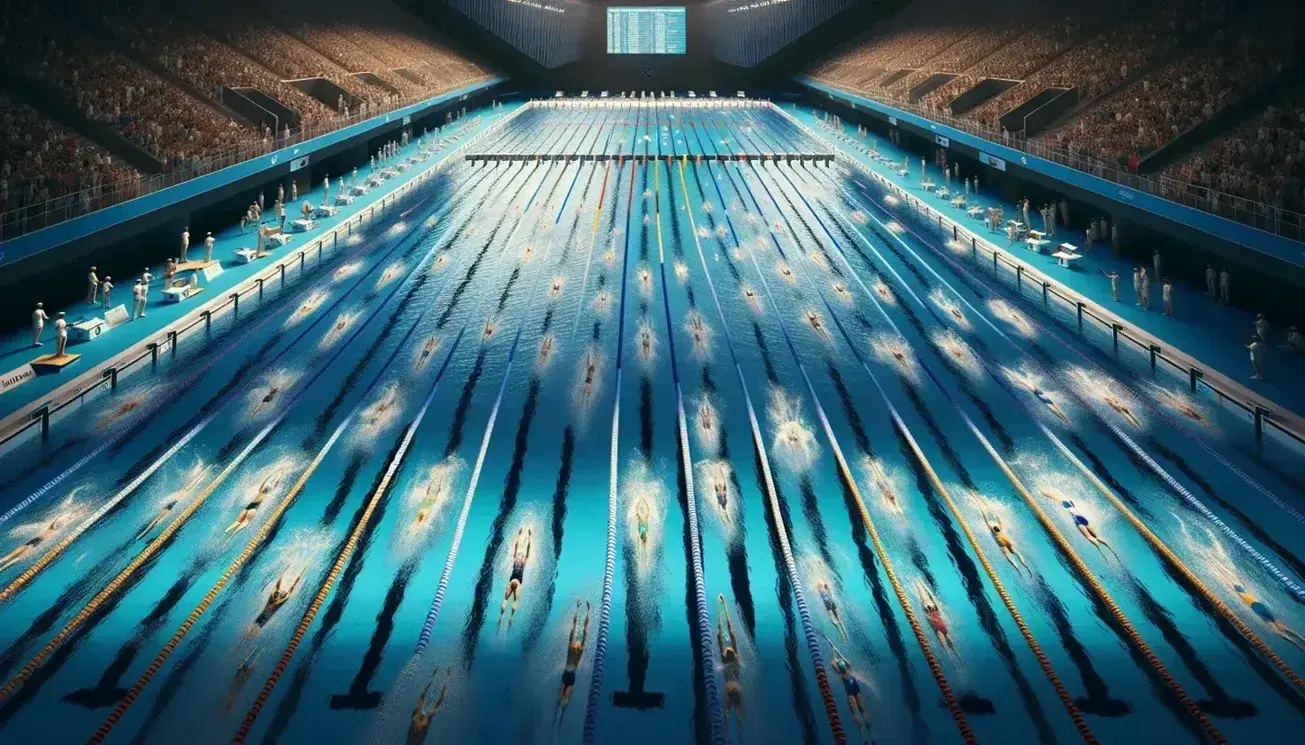 Piscina olimpionica con nuotatori in gara, corsie delimitate da linee galleggianti, blocchi di partenza e spalti con pubblico sfocato.