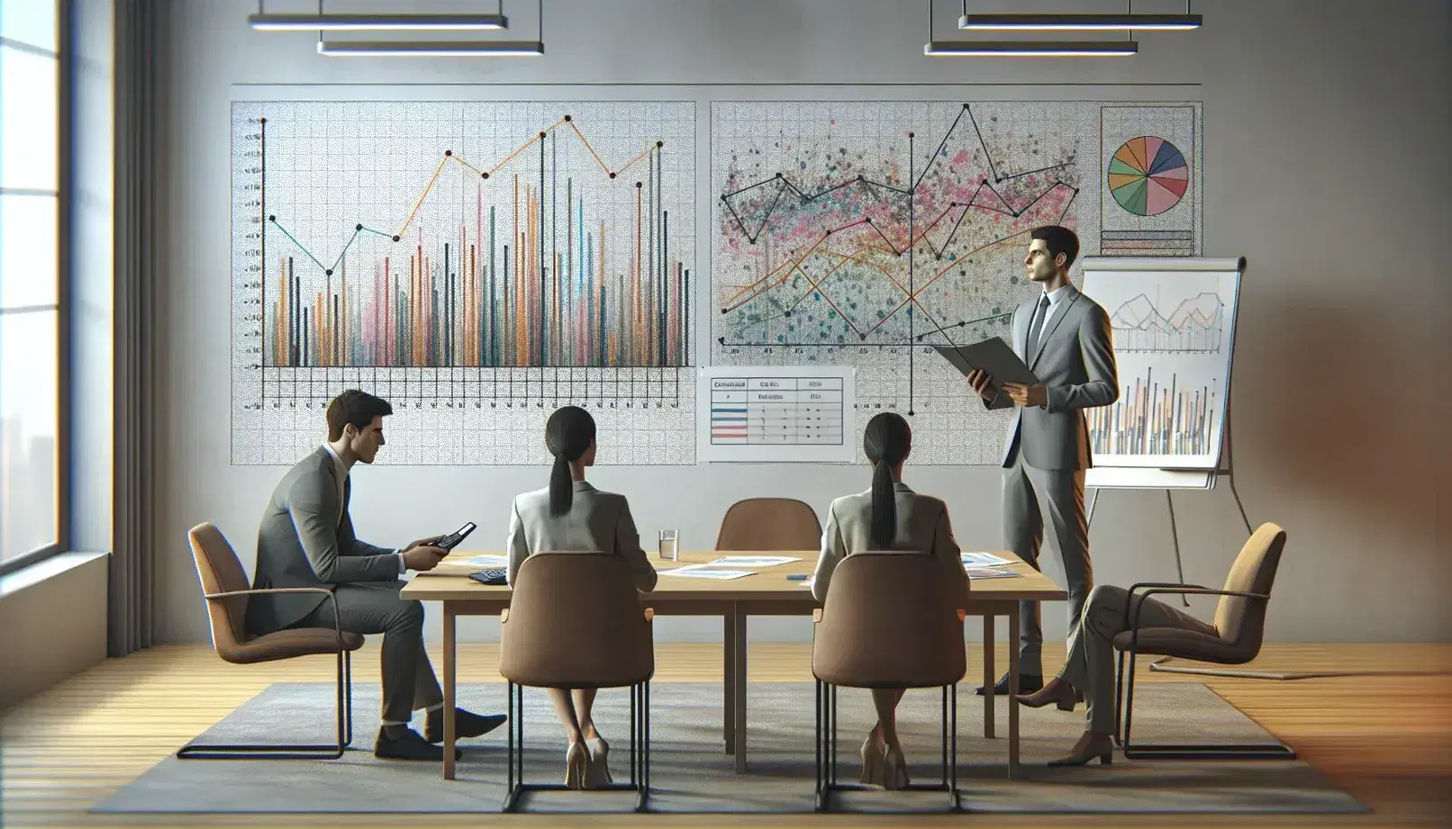 Reunión de trabajo con tres profesionales analizando gráficos y datos financieros en una oficina iluminada, uno de pie y dos sentados.