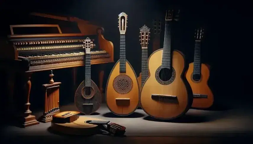 Conjunto de instrumentos musicales renacentistas con vihuela, laúd, flauta dulce y clavecín en fondo oscuro, evocando una atmósfera histórica.