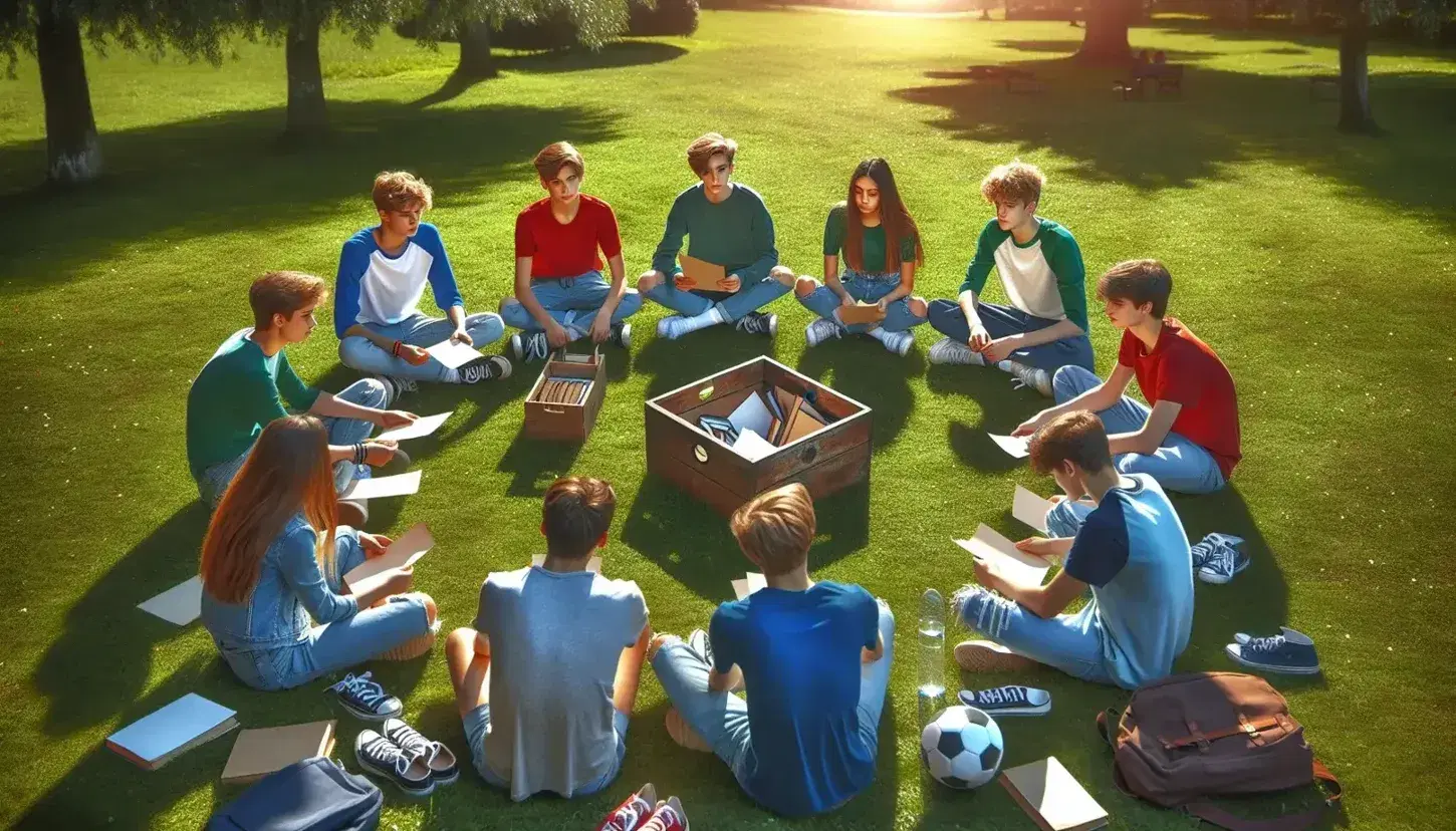 Grupo de adolescentes sentados en círculo en un parque eligiendo papeles de una caja de madera, con un balón de fútbol y mochila al lado.