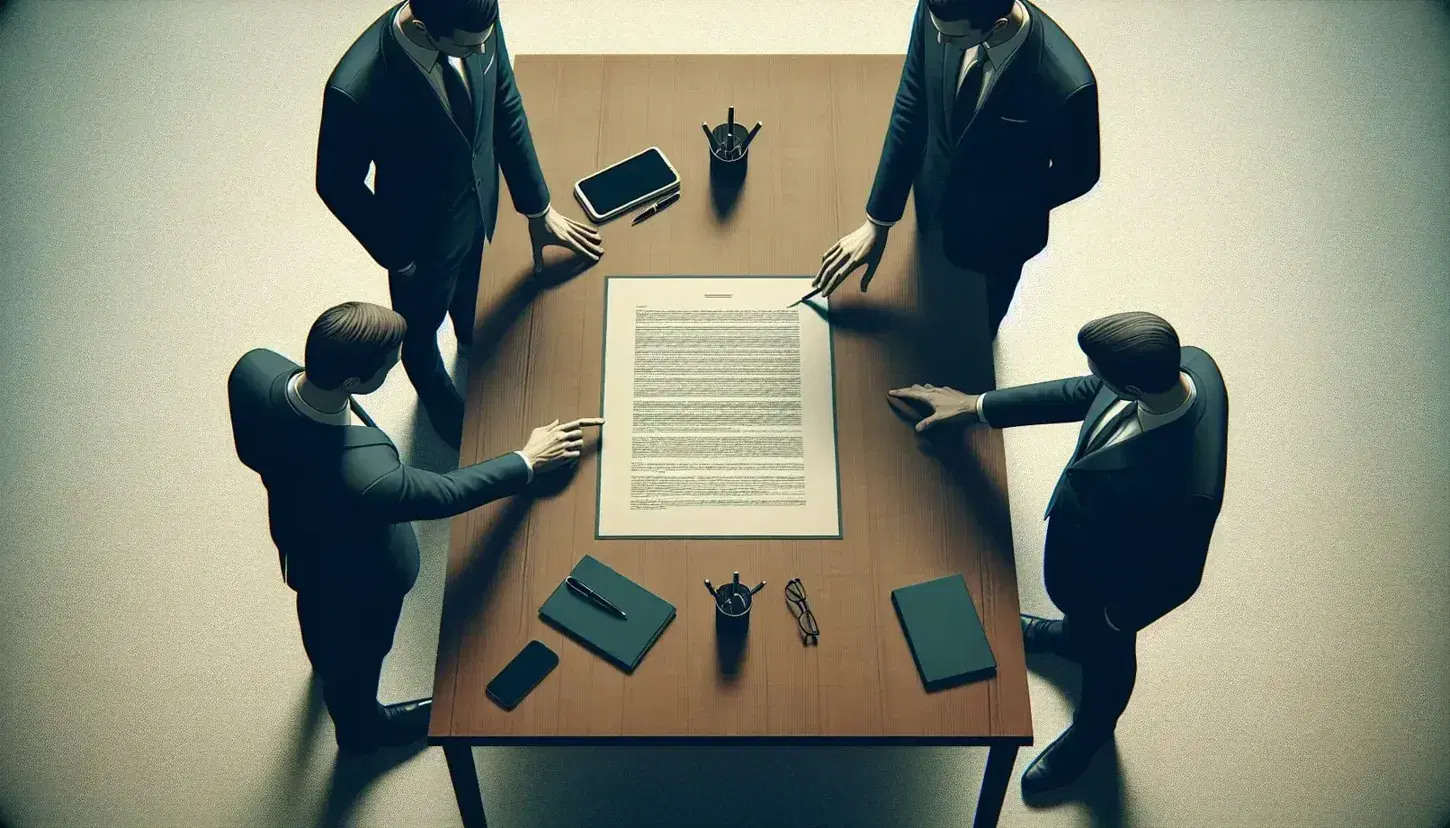 Tres profesionales revisan un documento importante sobre una mesa de madera, señalando detalles con sus manos, con un bolígrafo y un móvil al lado.