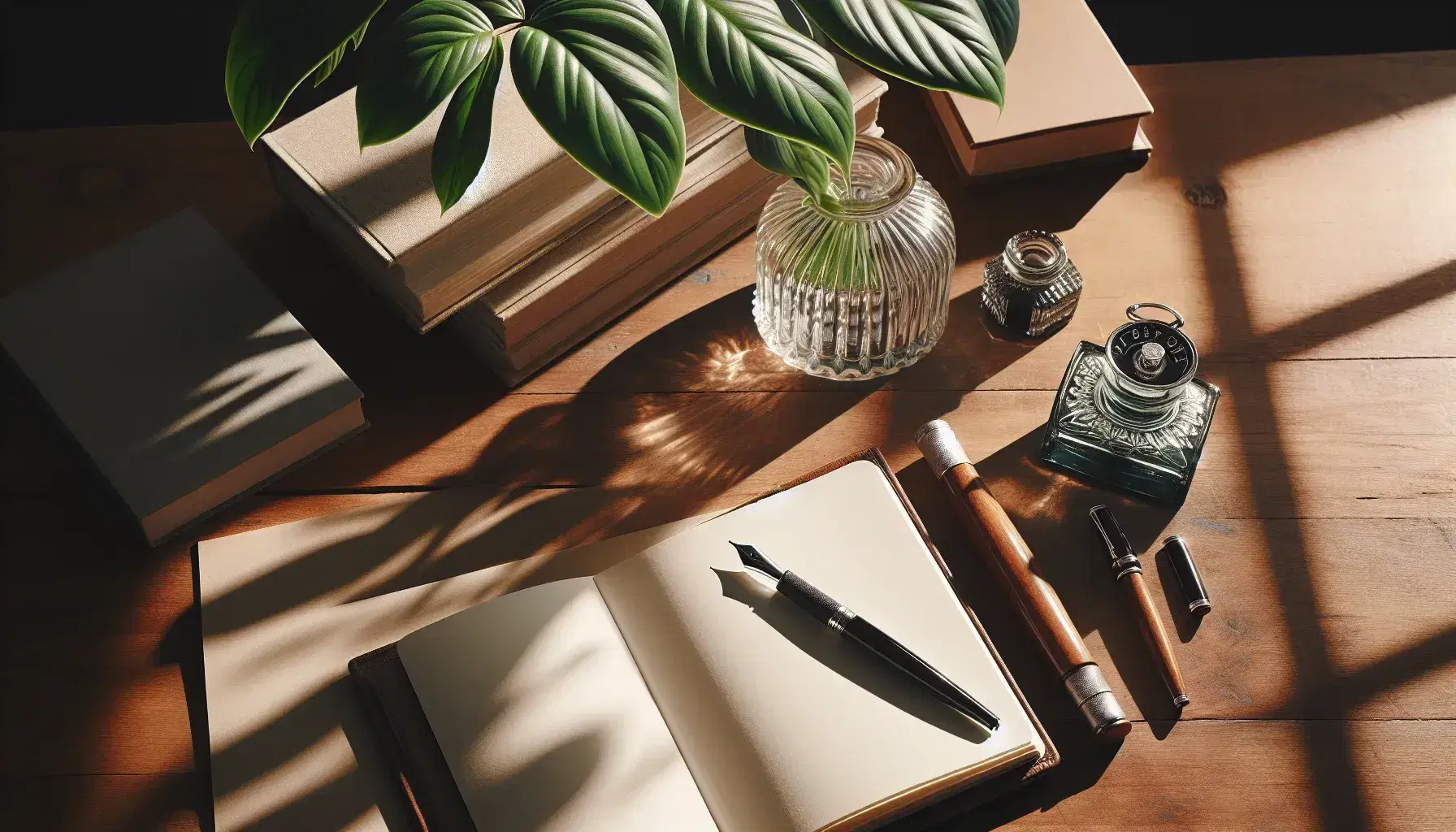 Organized wooden desk with open blank notebook, glass inkwell with silver cap, black fountain pen, potted plant with green leaves, and stack of books.