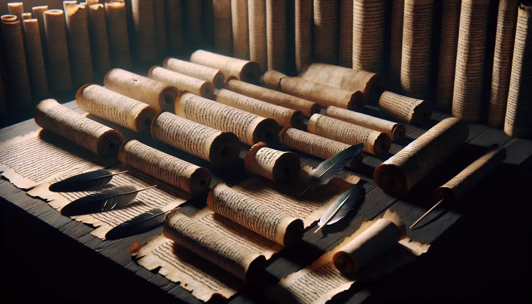 Antiguos pergaminos desenrollados sobre una mesa de madera oscura con plumas de ave dispersas, sugiriendo un entorno de escritura histórica.