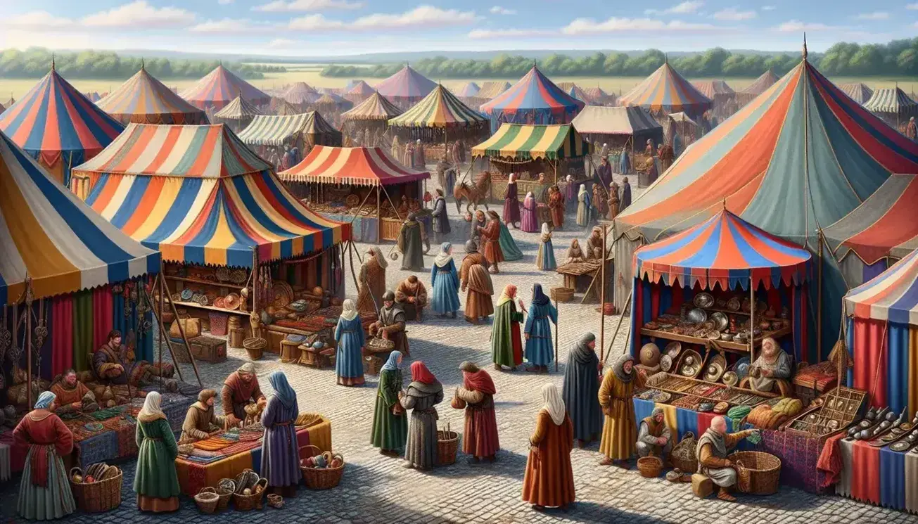 Medieval fair with colorful market stalls, vendors in period attire, lively crowd, musicians, and cobblestone path under a clear blue sky.
