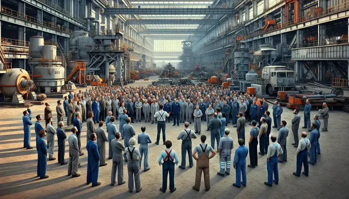 Grupo de trabajadores en ropa de seguridad con cascos en una fábrica industrial, uno de ellos hablando y gesticulando ante los demás entre maquinaria pesada.