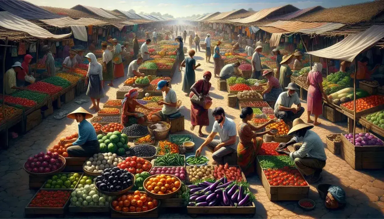 Open-air market with colorful fruit and vegetable stalls, vendors and bargaining customers, under a blue sky in a developing country.