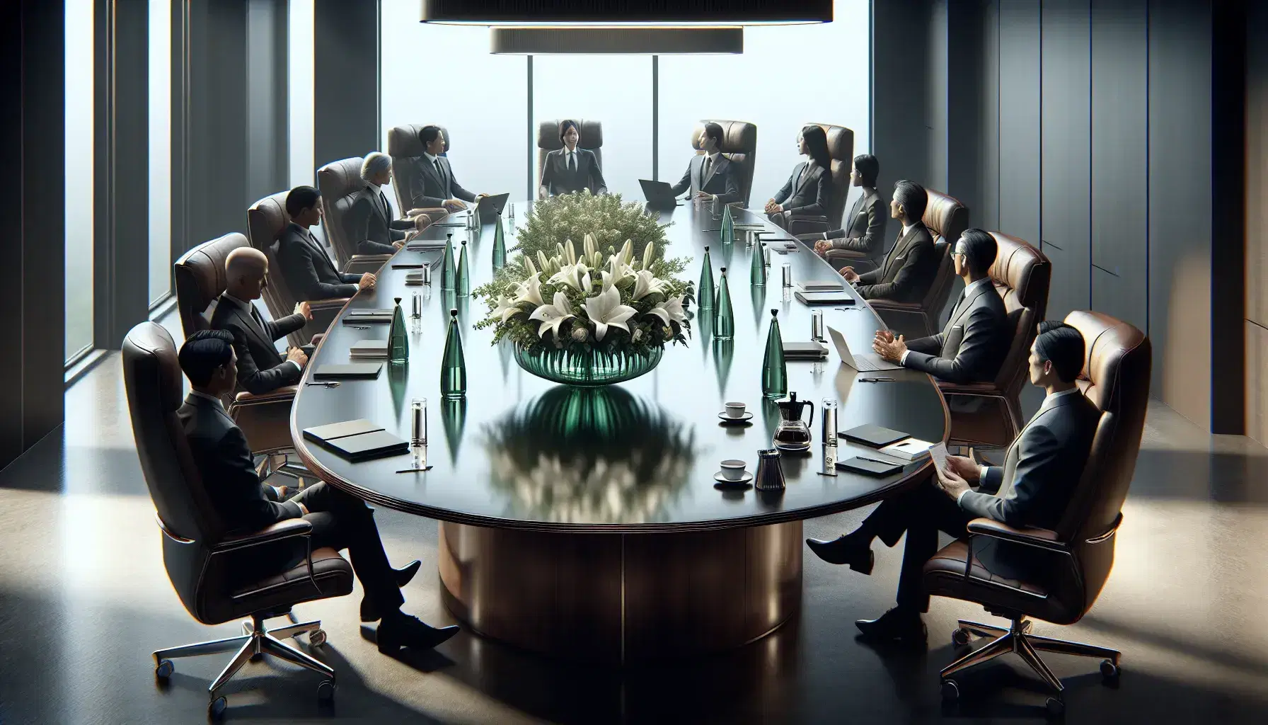 Diverse business professionals engaged in a meeting around a large oval table with laptops and refreshments in a well-lit, modern boardroom.
