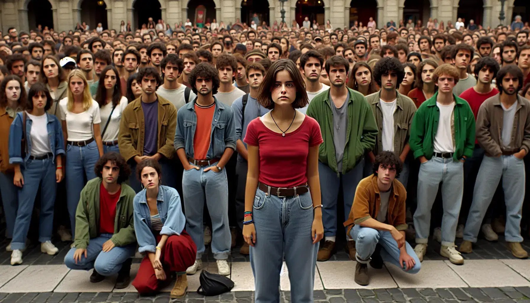 Diverse group of young people engaged in a gathering at a Spanish city square, with a woman in red listening intently in the foreground.