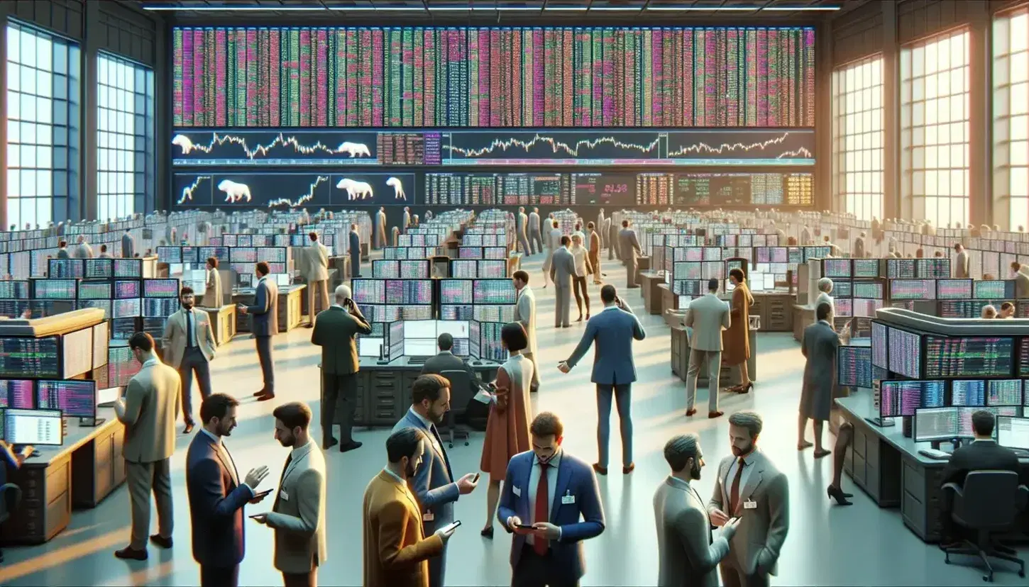 Diverse stock traders actively engage with devices on a busy exchange floor, with rows of data-filled monitors and a blurred digital ticker in the background.