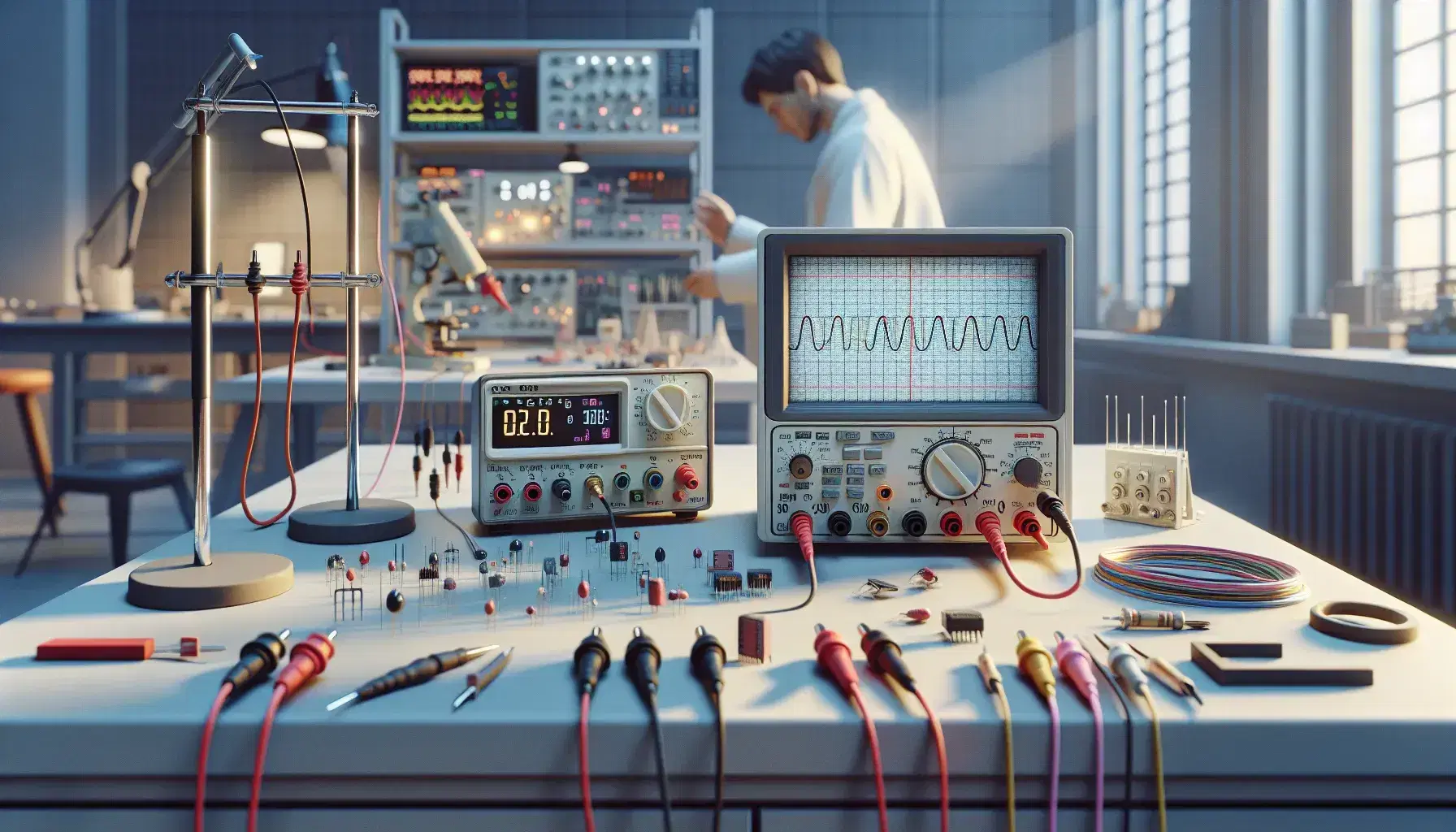 Laboratorio elettronico con banco di lavoro, strumenti di misura come multimetro e oscilloscopio, cavi colorati e componenti elettronici sparsi.