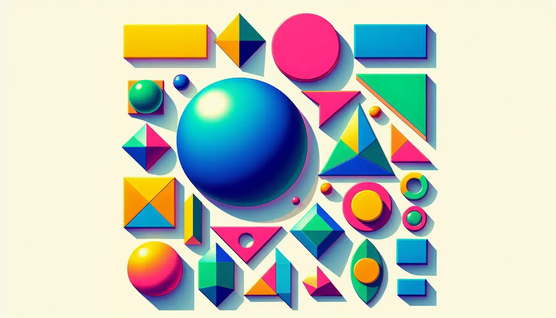 Brightly colored geometric shapes including a blue circle, red square, green triangle, and various polygons on a white background.