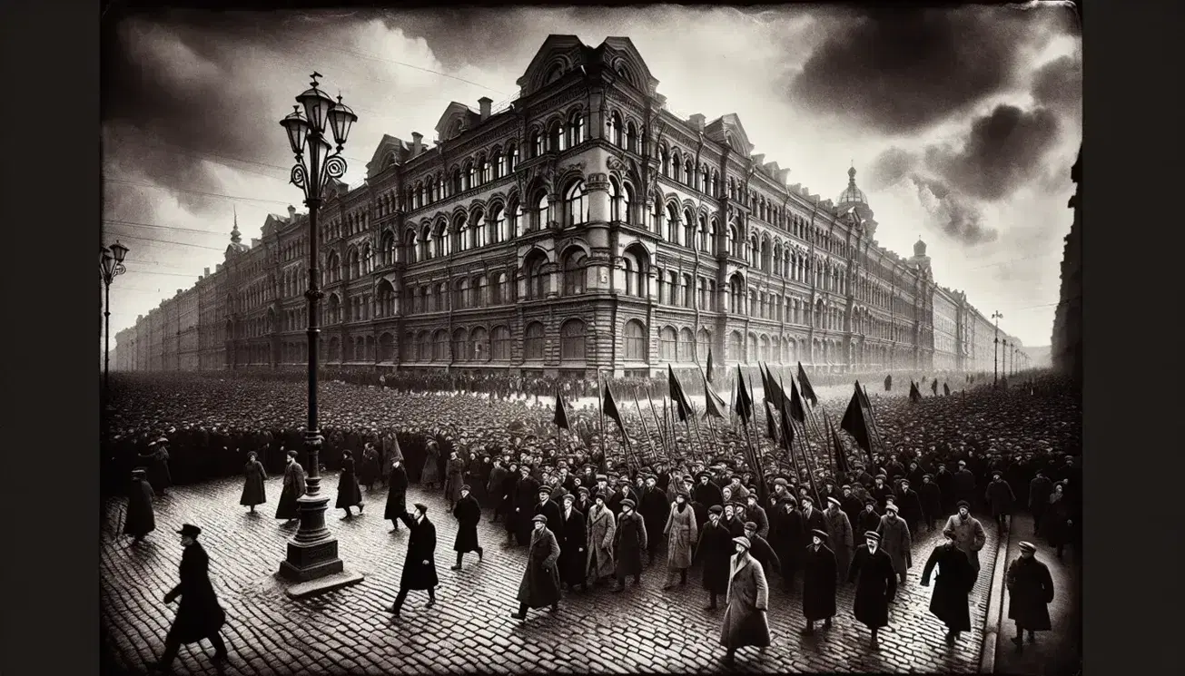 Folla in marcia durante la Rivoluzione Russa del 1917 su strada acciottolata, con pugni alzati e bandiere, sotto cielo nuvoloso.