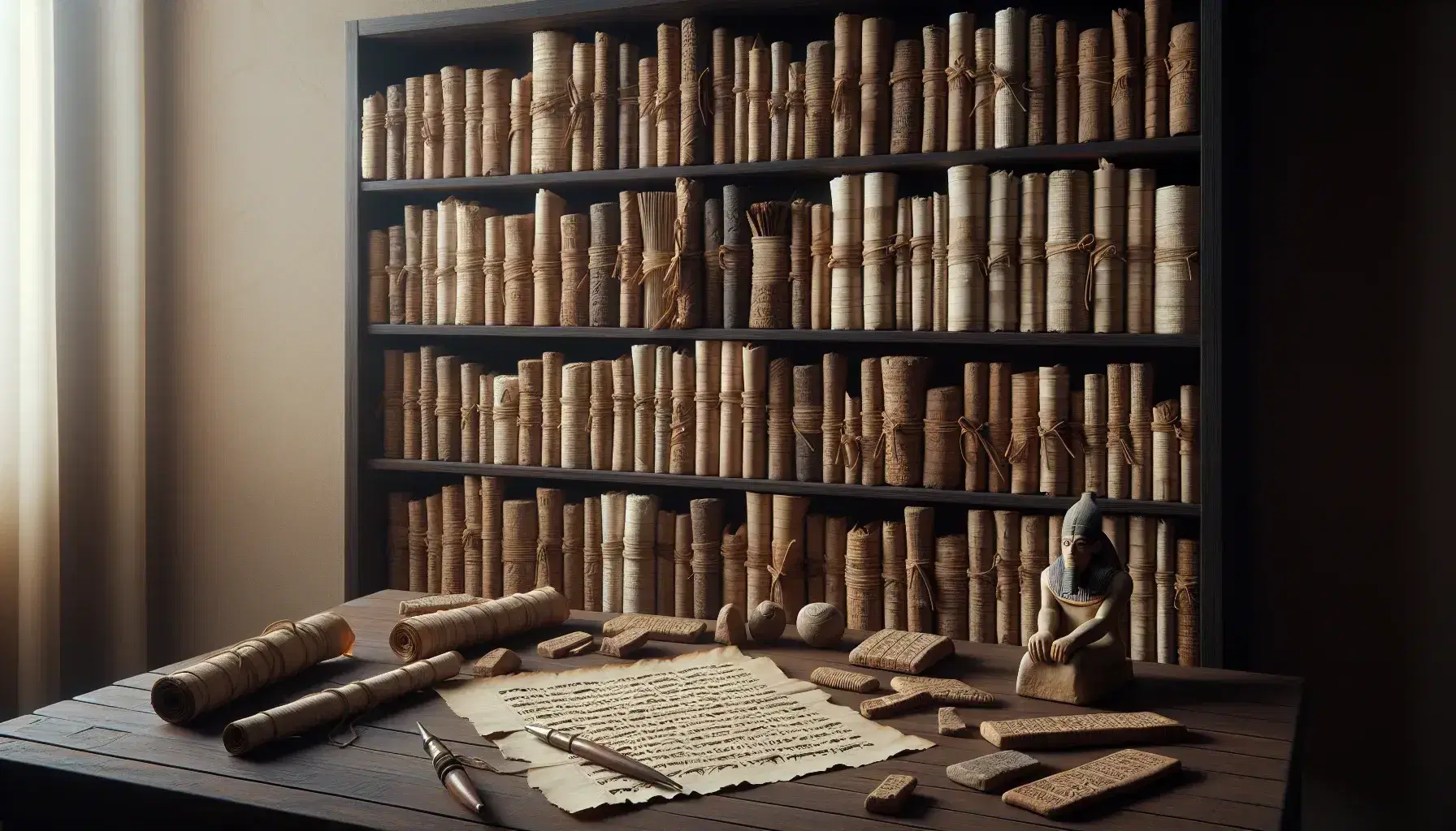 Estantería de madera oscura con rollos de papiro y tabletas de arcilla con marcas cuneiformes, junto a un pergamino con objetos metálicos antiguos y figura de escriba egipcio.