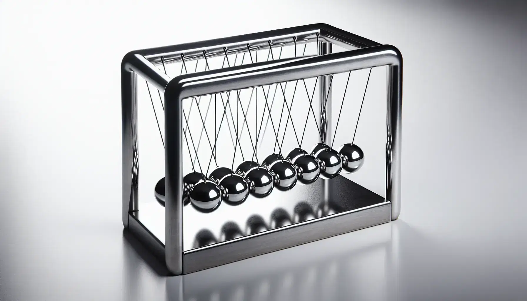 Classic Newton's Cradle with polished steel balls aligned and suspended by thin wires on black frame, a raised sphere ready to swing.