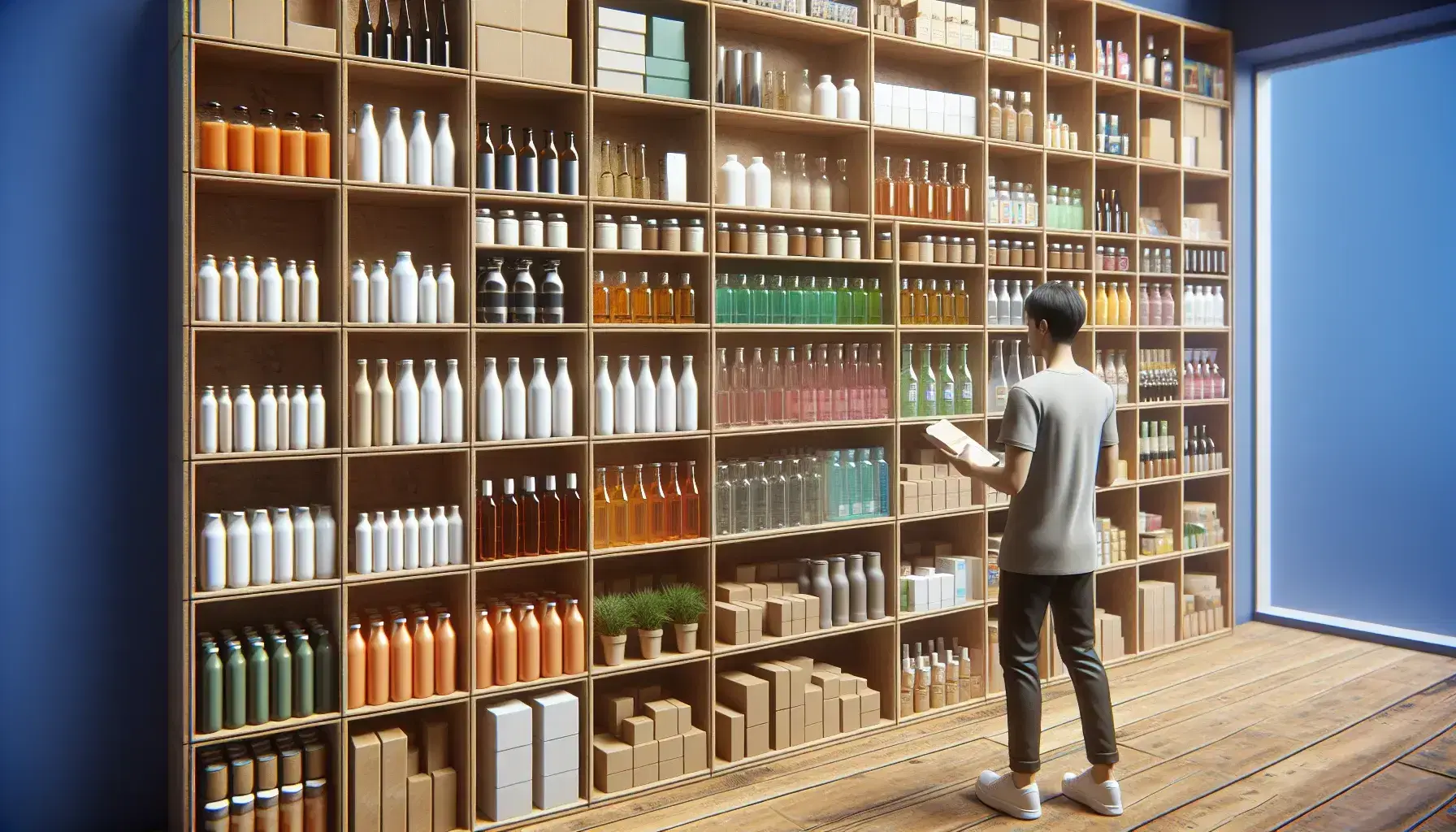 Estante de madera con productos variados en tienda, persona de perfil examinando artículo, ambiente acogedor con iluminación suave.