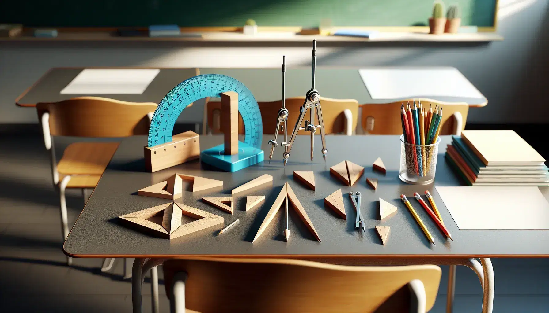 Bright classroom with desks displaying a blue protractor, steel compasses, wooden geometric shapes, white paper, and colored pencils with a clean green chalkboard in the background.