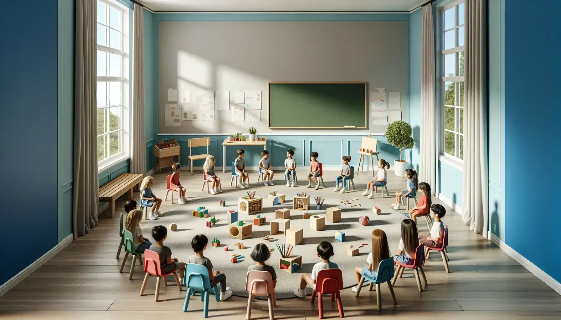 Aula scolastica luminosa con studenti seduti in cerchio su sedie colorate, oggetti didattici al centro, finestra con vista e piante sul tavolo.
