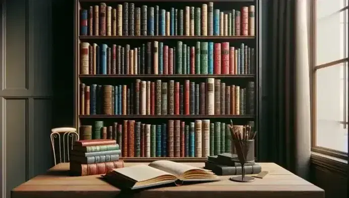 Estantería de madera oscura repleta de libros de colores variados con mesa y atril metálico en primer plano, ambiente tranquilo para la lectura.