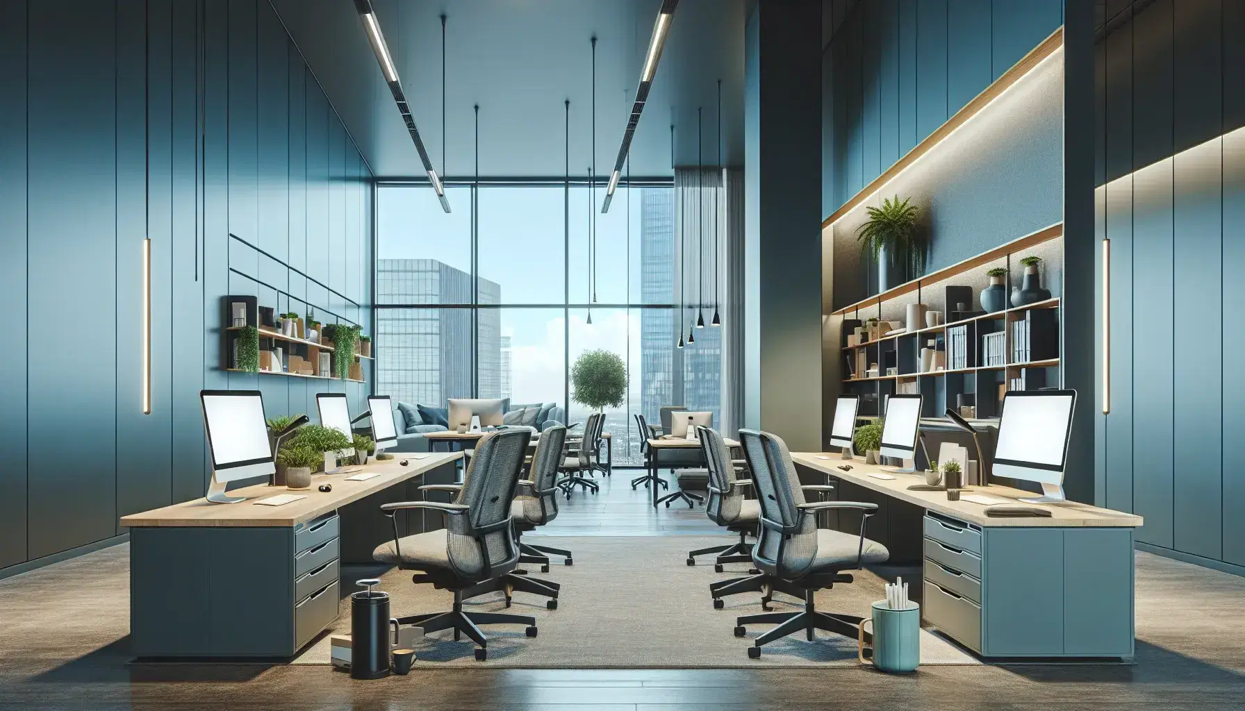 Modern office space with ergonomic workstations, desktop computers, and city view, alongside a cozy relaxation area with sofa, coffee table, and kitchenette.