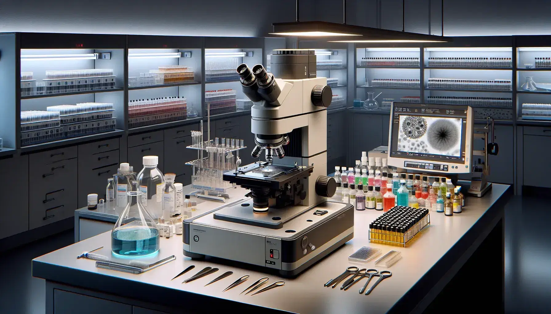 Microscopio elettronico a trasmissione all'avanguardia in laboratorio di ricerca biologica con campione preparato e strumenti vari su banco lavoro.