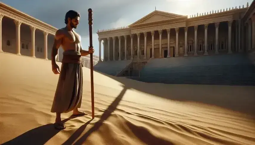 South Asian man measures the shadow of a stick in ancient Alexandria, with the Library in the background and a stone well to the right.