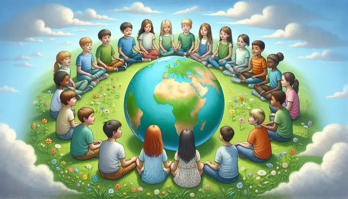 Bambini di diverse etnie seduti in cerchio su un prato con un mappamondo colorato al centro, simboleggiando l'unità globale.