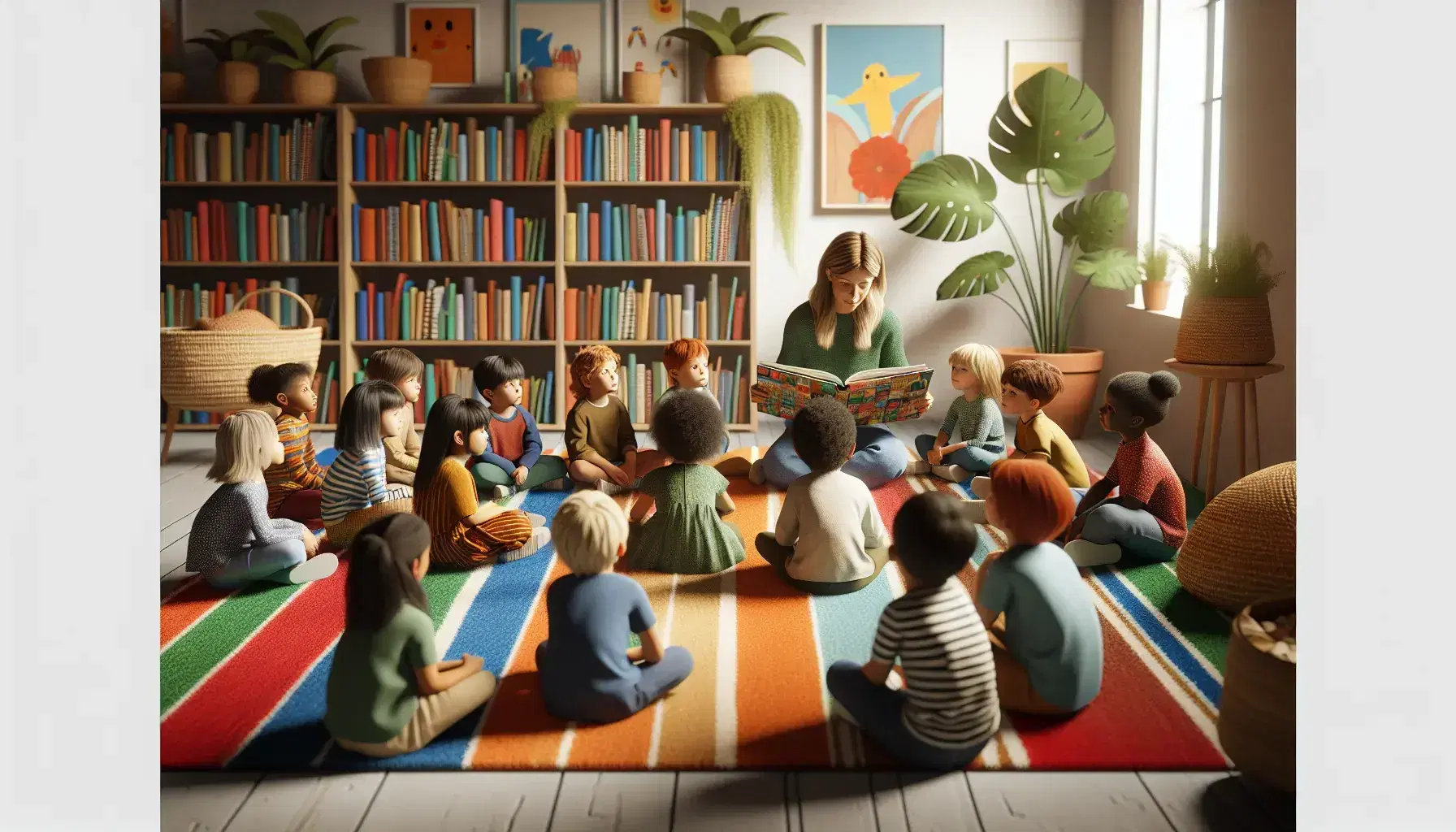 Niños atentos escuchando a una mujer leer un libro en una alfombra colorida, con una estantería llena de libros y una planta al fondo.