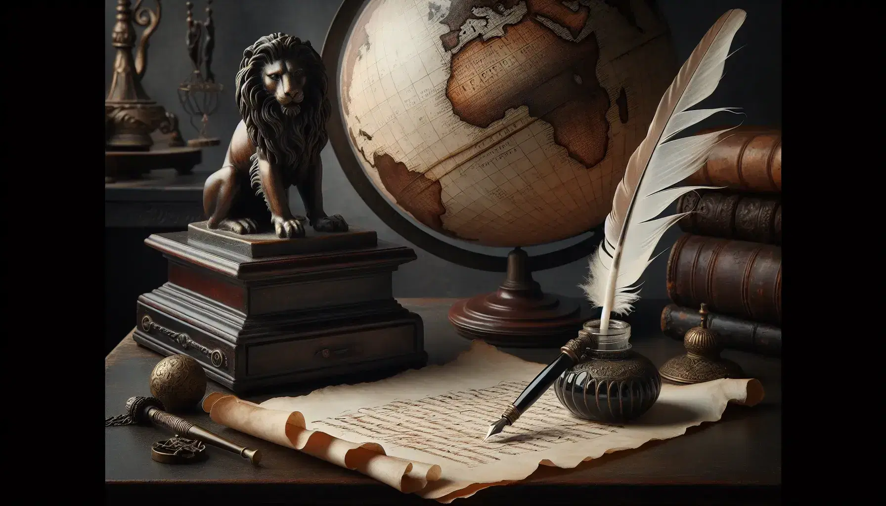 Scrivania rinascimentale in legno scuro con penna d'oca, calamaio in bronzo, pergamena, globo antico sfocato e statuetta di leone.
