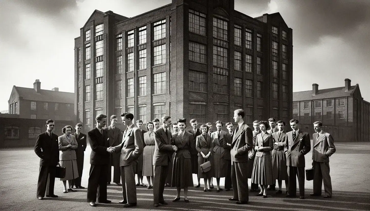 Group of people in 1940s-60s attire engaging in conversation outside a mid-20th-century British building, with a handshake in the foreground.