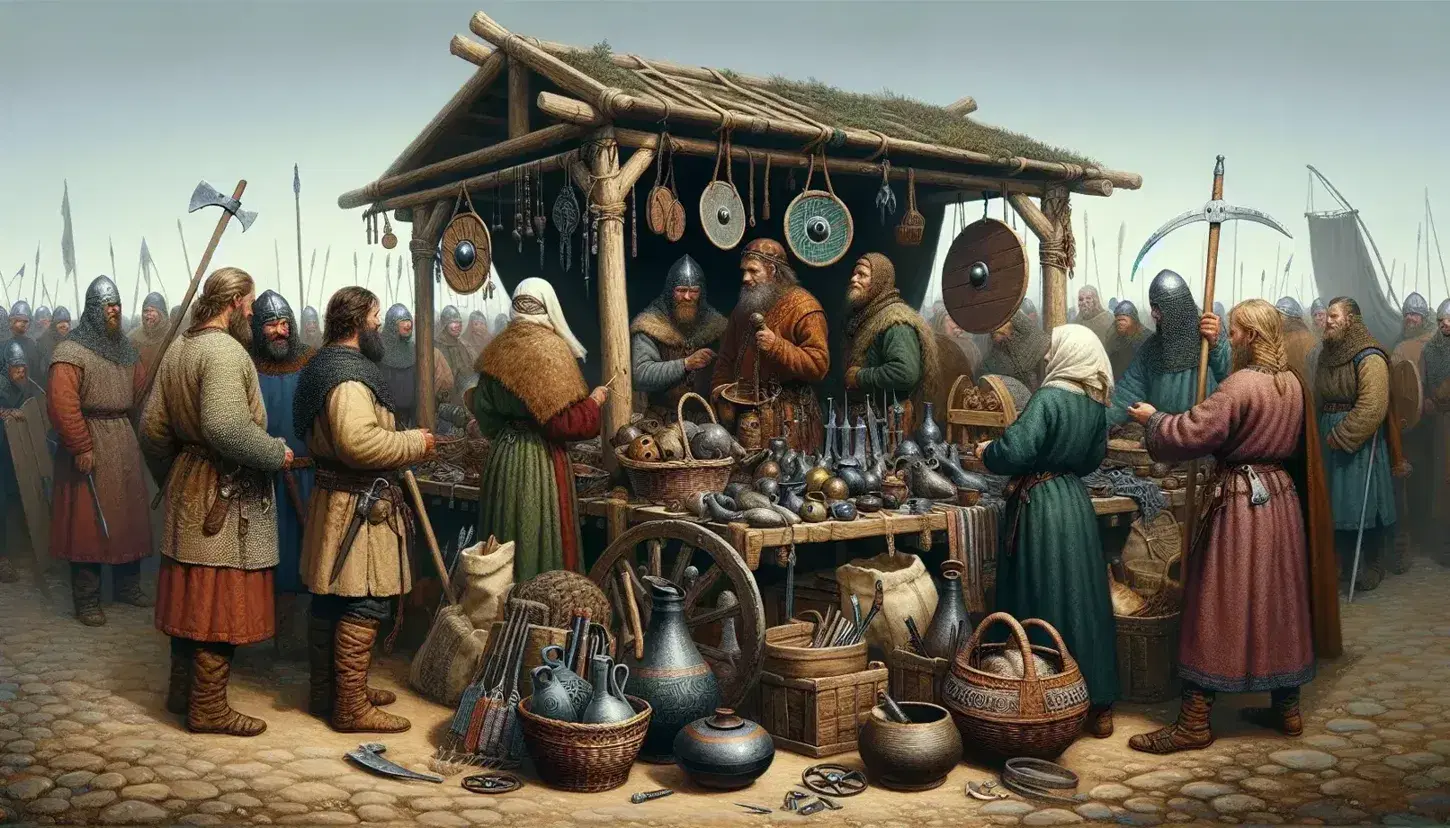 Viking marketplace with diverse traders exchanging goods, including baskets, pottery, and iron tools, under a clear blue sky.