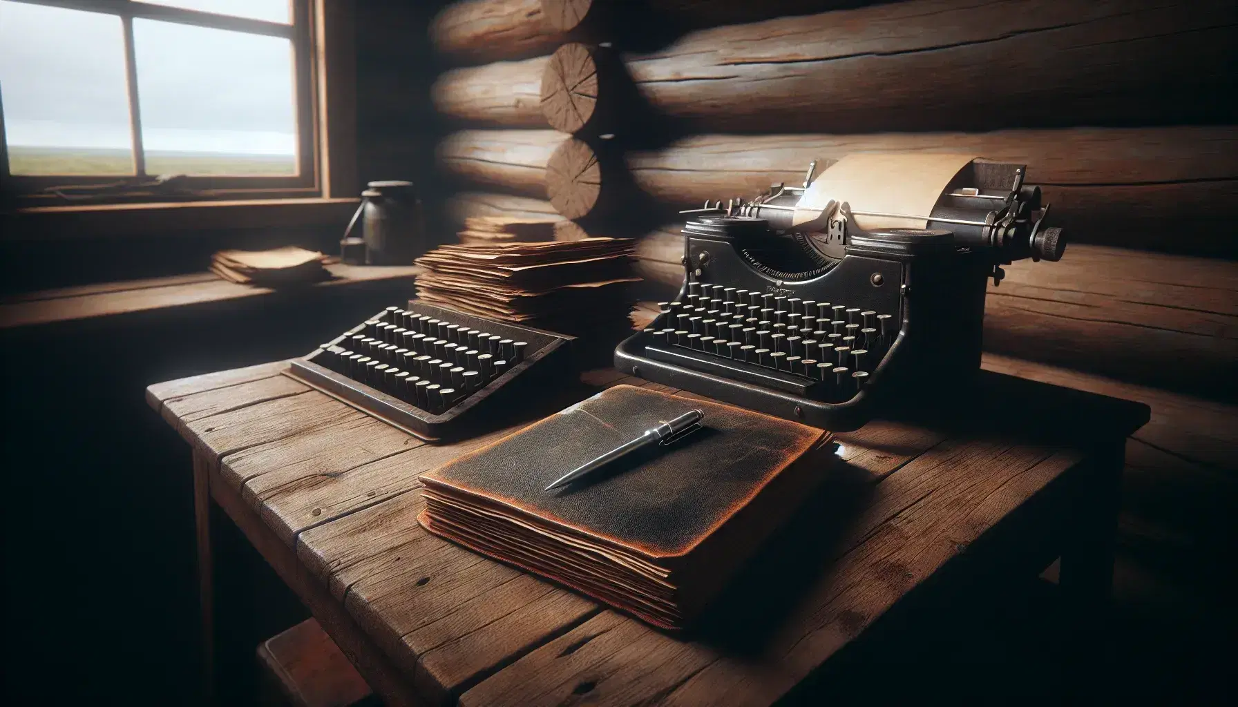 Rustic wooden desk with vintage typewriter, leather-bound notebook, and silver pen, against a backdrop of a twilight sky seen through a cabin window.