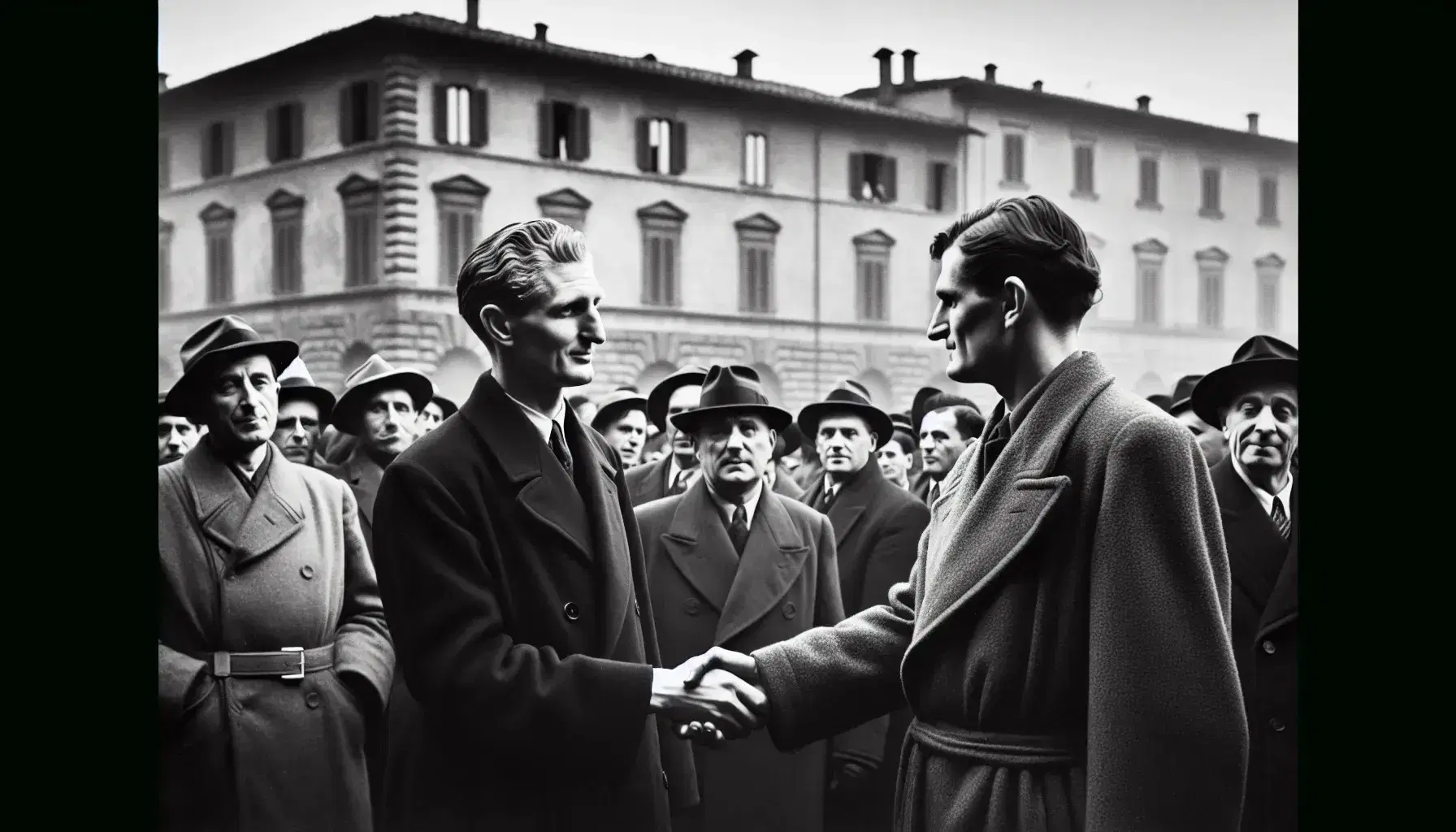 Politico maschile in abito scuro stringe mani in piazza affollata italiana post-bellica, con spettatori in abiti d'epoca.